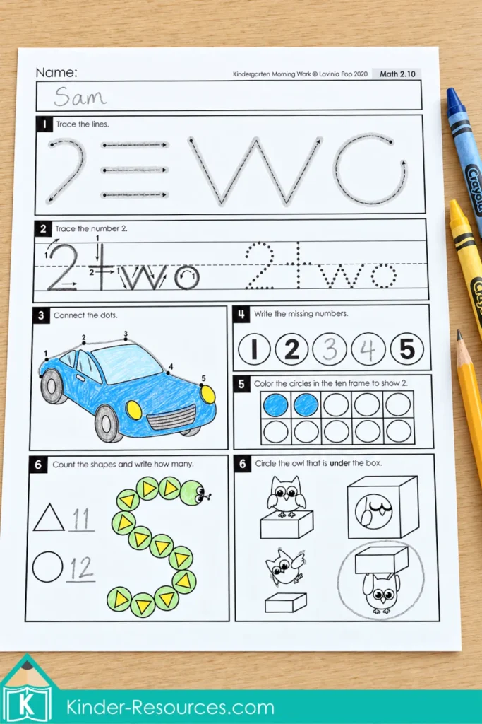 Number 2 morning work worksheet with a dot-to-dot car, ten-frame, shape-counting snake, and positional word activity.