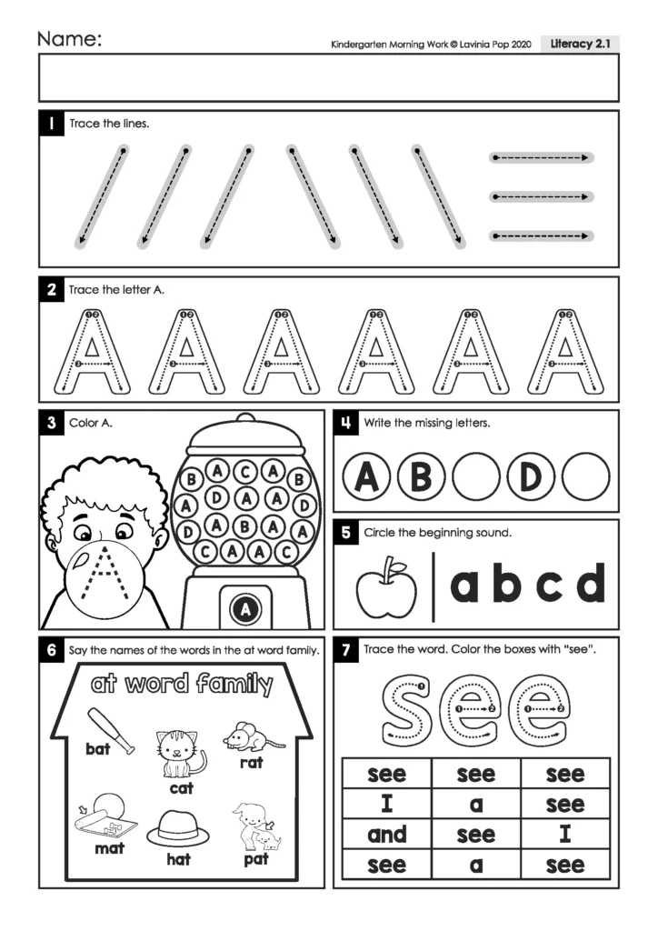Uppercase A worksheet with line and letter tracing, gumball letter recognition, -at word family pictures, and sight word see.