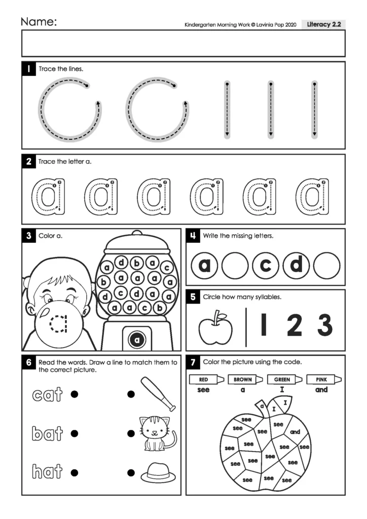 Lowercase a worksheet with letter tracing, syllable counting, cat, bat, and hat matching, and an apple sight word coloring activity.