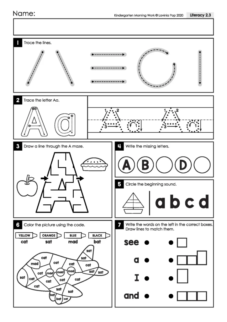 Letter Aa worksheet with an A-shaped maze, a CVC word color-by-code airplane, beginning sounds, and sight word writing.