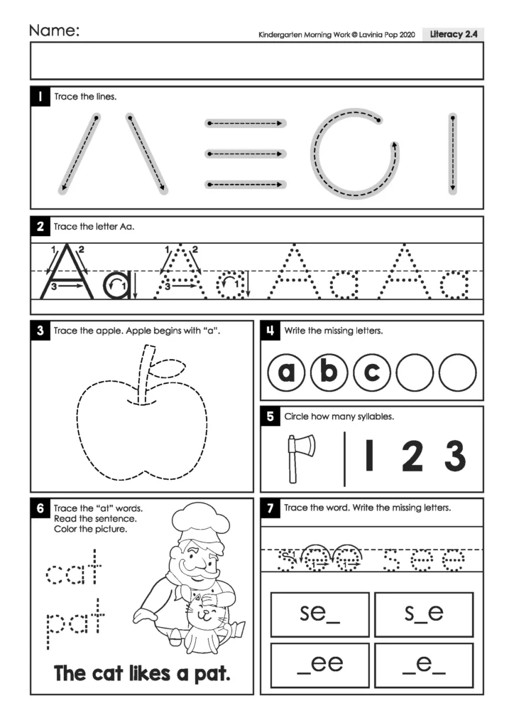 Letter Aa worksheet with an apple to trace, cat and pat word tracing, a sentence to read, and missing letters in see.