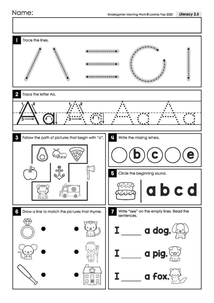 Letter Aa worksheet with a beginning-sound picture maze, rhyming matches, and sentences to complete with the sight word see.
