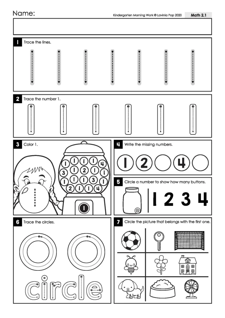 Number 1 worksheet with tracing, gumball number recognition, missing numbers, circle practice, and related-picture choices.
