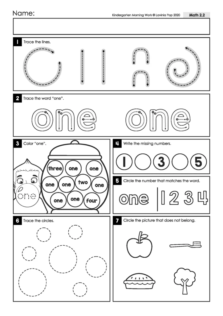 Number word one worksheet with tracing, gumball word recognition, missing numbers, circles, and an odd-one-out activity.