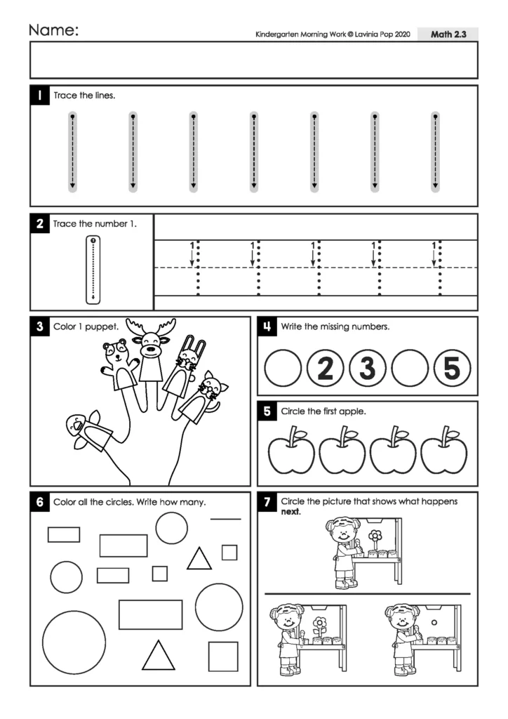 Number 1 worksheet with finger puppets, missing numbers, first-position practice, circle counting, and picture sequencing.
