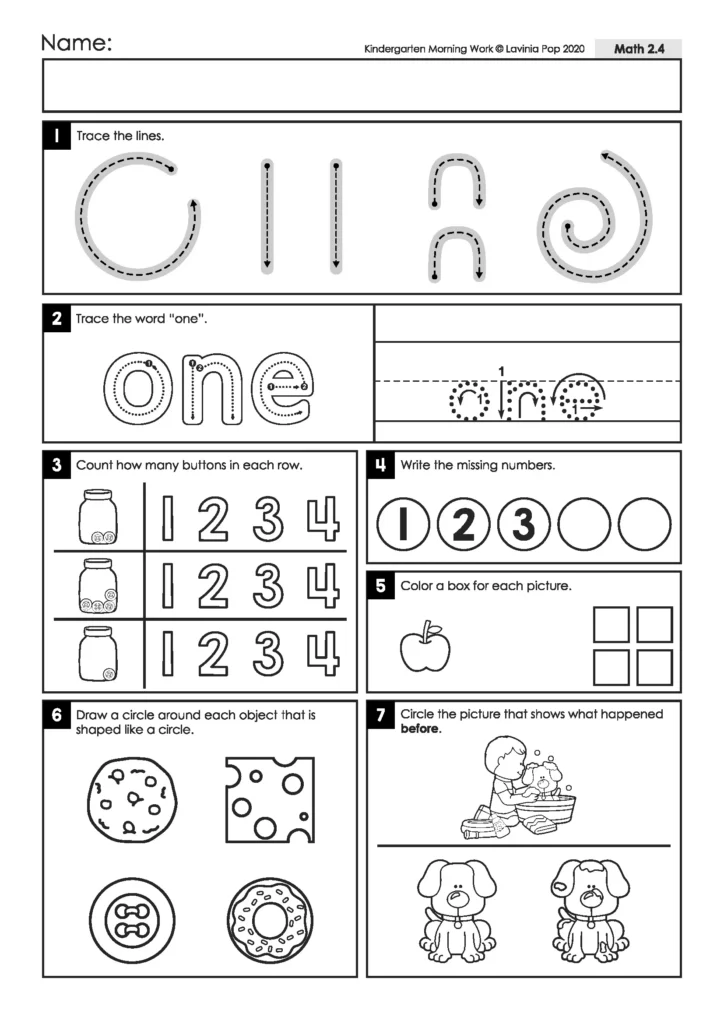Math worksheet with number word one tracing, button counting, circle-shaped objects, and pictures showing what happened before.