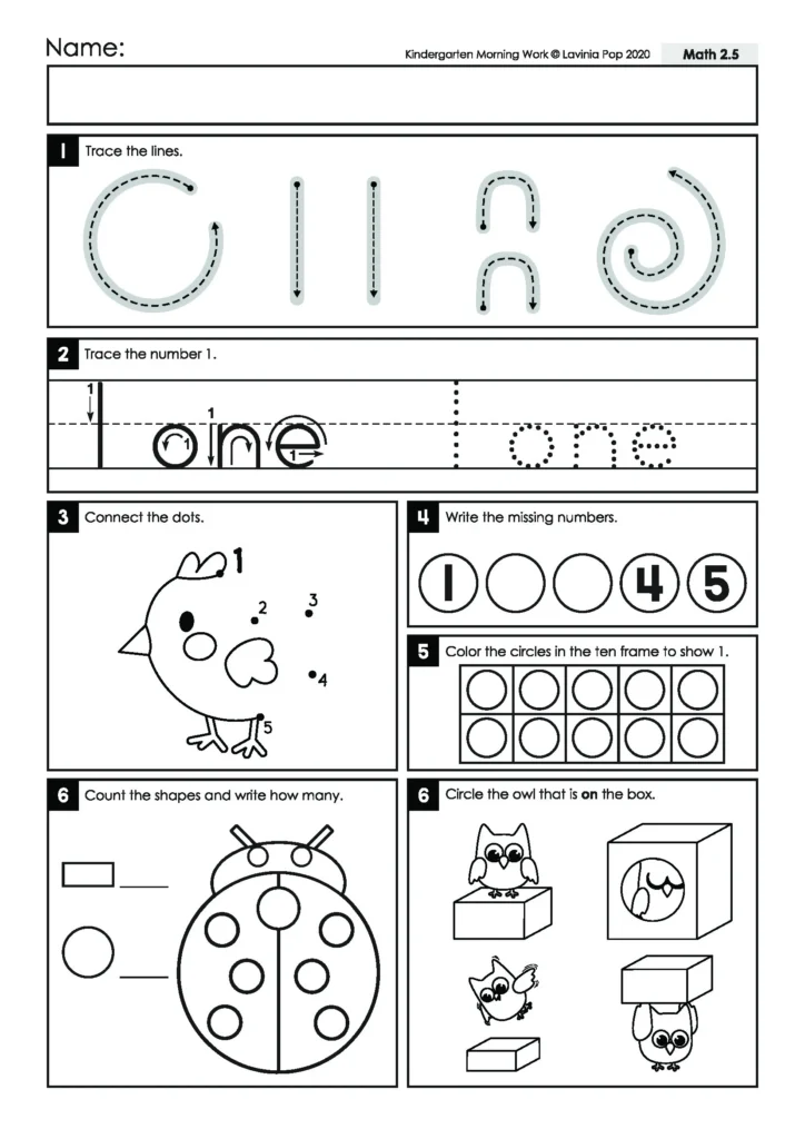 Number 1 worksheet with a dot-to-dot chick, ten-frame, shapes to count in a ladybug, and an owl positional word activity.