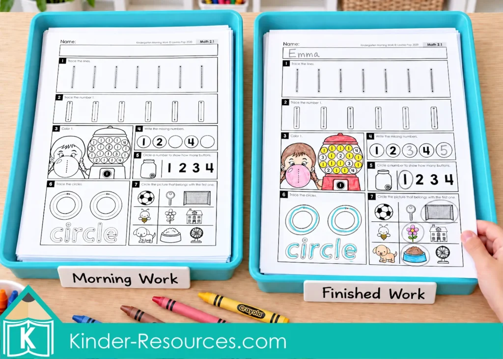 Turquoise trays labeled Morning Work and Finished Work holding number 1 worksheets beside crayons.