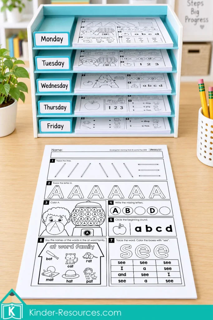 Five-tier weekday organizer holding kindergarten morning worksheets, with a letter A literacy page on the table.