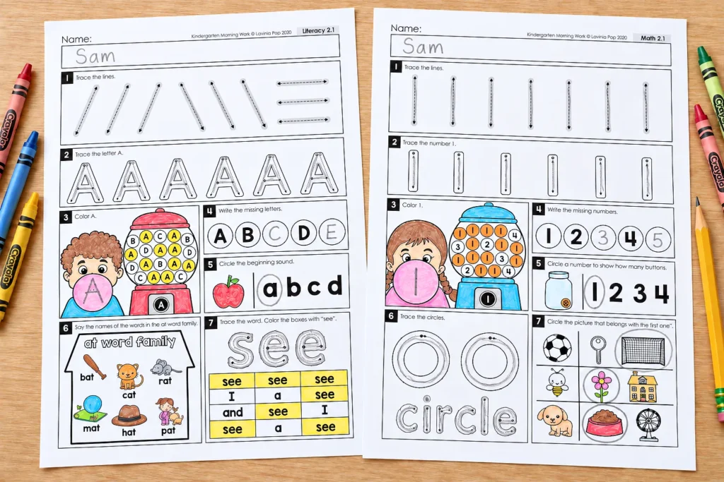 Kindergarten literacy and math morning work worksheets with letter A tracing, sight word practice, number 1 activities, and shapes.