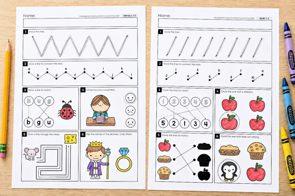 Kindergarten morning work worksheets with colored literacy and math activities, including letter matching, mazes, numeral matching, and picture comparisons.