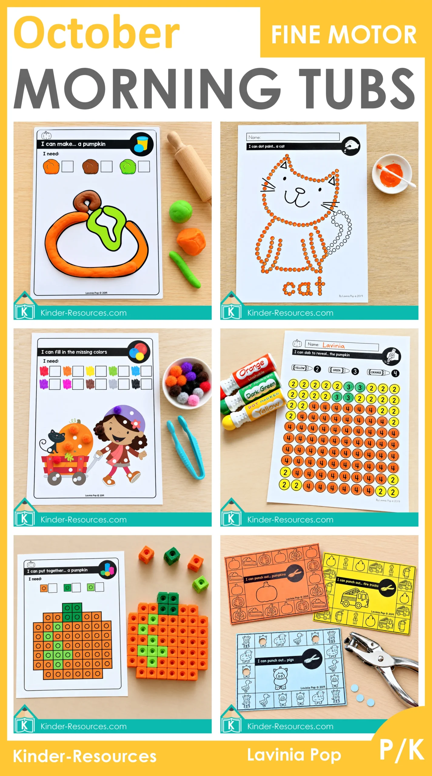 October fine motor morning tubs printable activities for preschool and kindergarten featuring hands on fall, farm, pumpkin, cat, and fire safety fine motor centers.