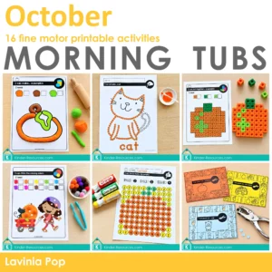 October fine motor morning tubs for preschool and kindergarten with playdough, dot painting, pom poms, dot markers, counting cubes, and hole punch activities.