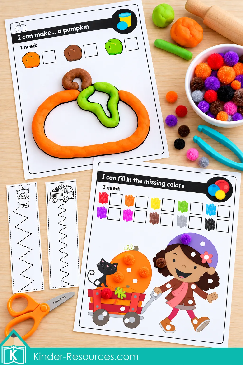 October fine motor morning tubs for preschool and kindergarten with pumpkin playdough, cutting strips, pom poms, tweezers, and color matching activities.