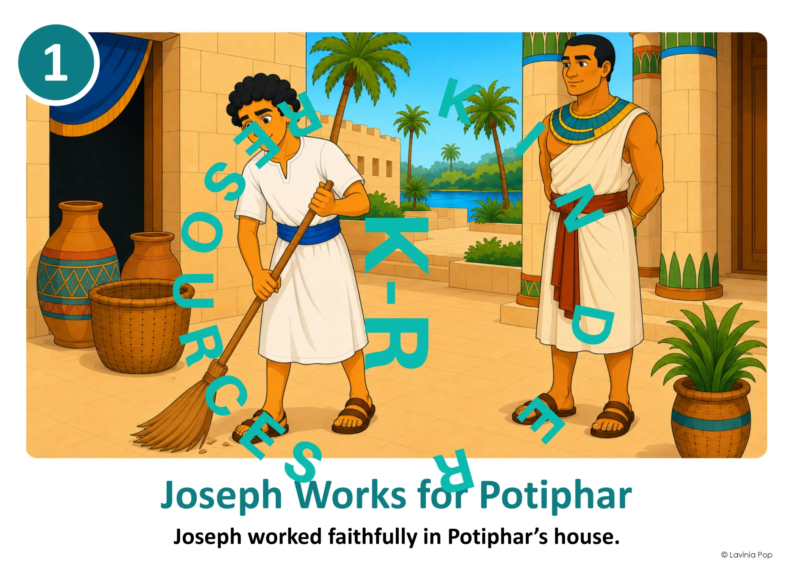 Joseph in Egypt retelling card showing Joseph sweeping in Potiphar’s house, with a sentence about his faithful work.