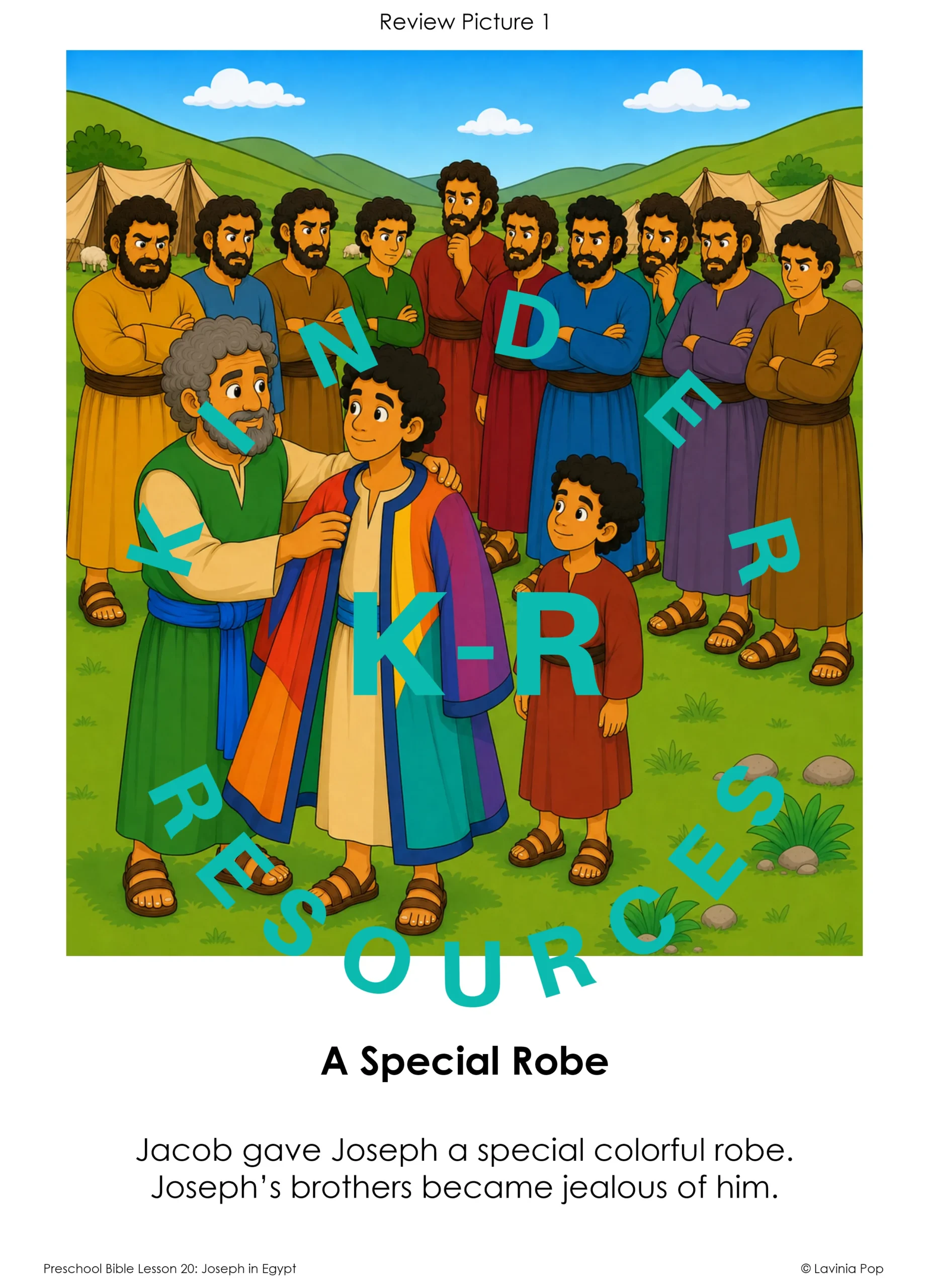 Joseph in Egypt lesson review picture showing Jacob with Joseph in his colorful robe as his jealous brothers watch.
