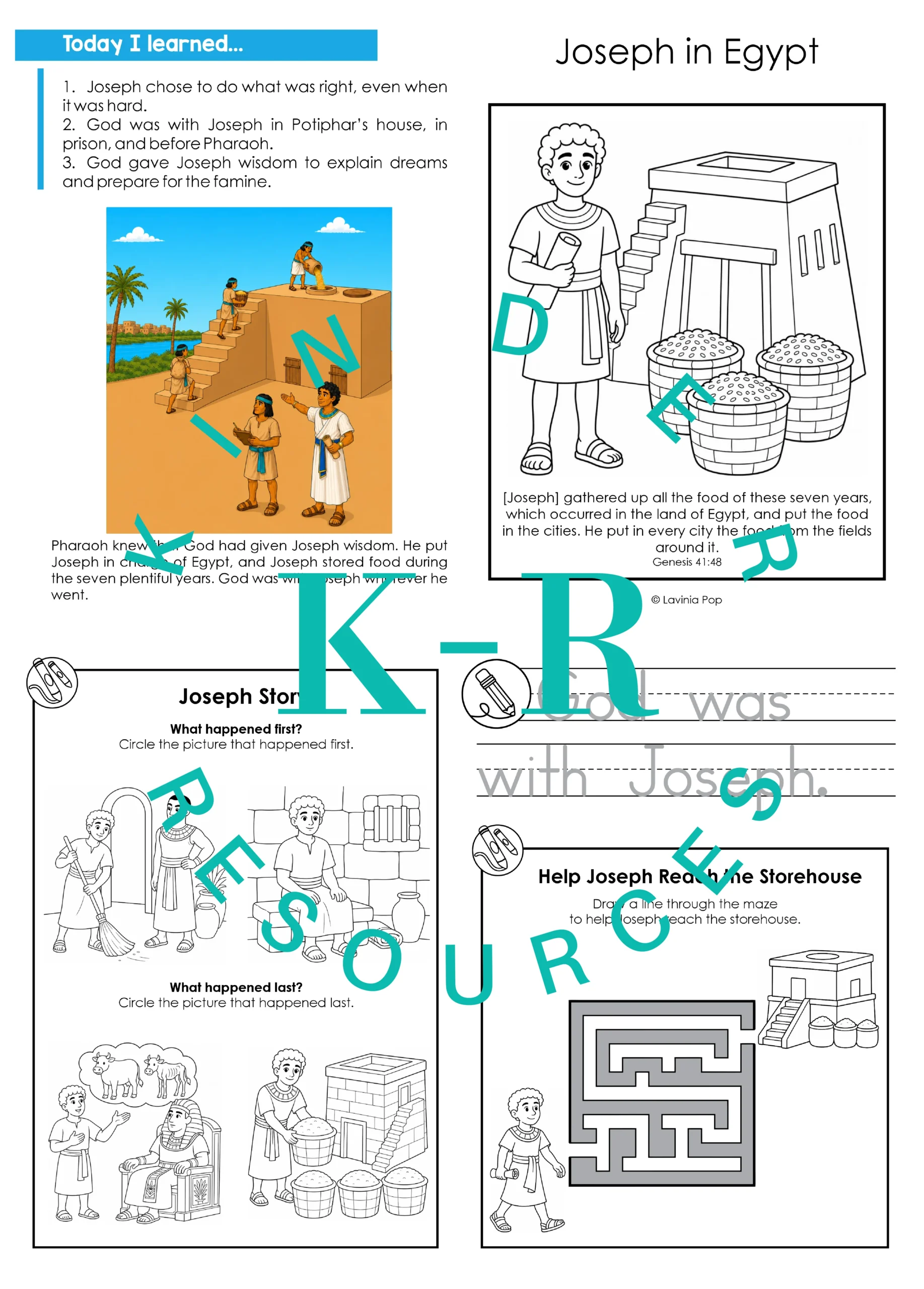 Joseph in Egypt take home booklet preview with lesson review points, a coloring cover, sequencing pictures, sentence tracing, and a storehouse maze.