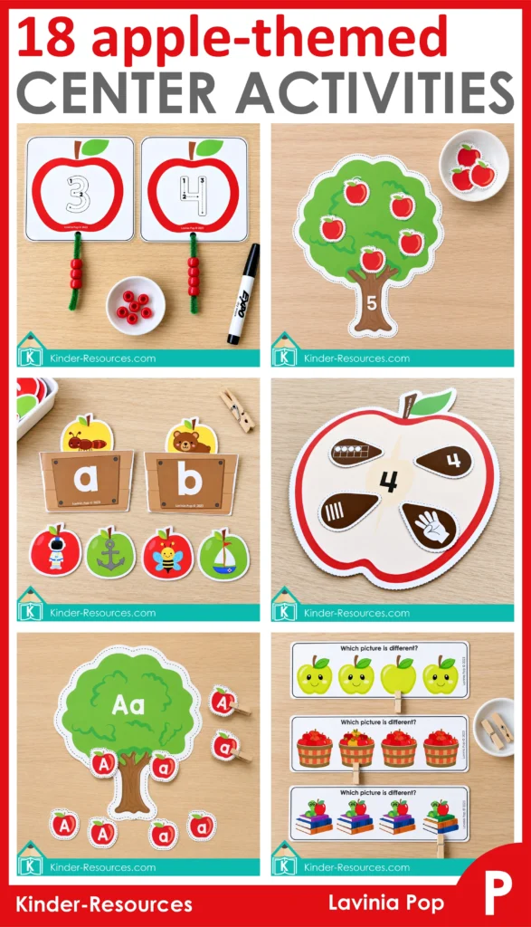 Apple centers for preschool collage showing number tracing, counting, beginning sounds, number sense, letter matching, and picture comparison.