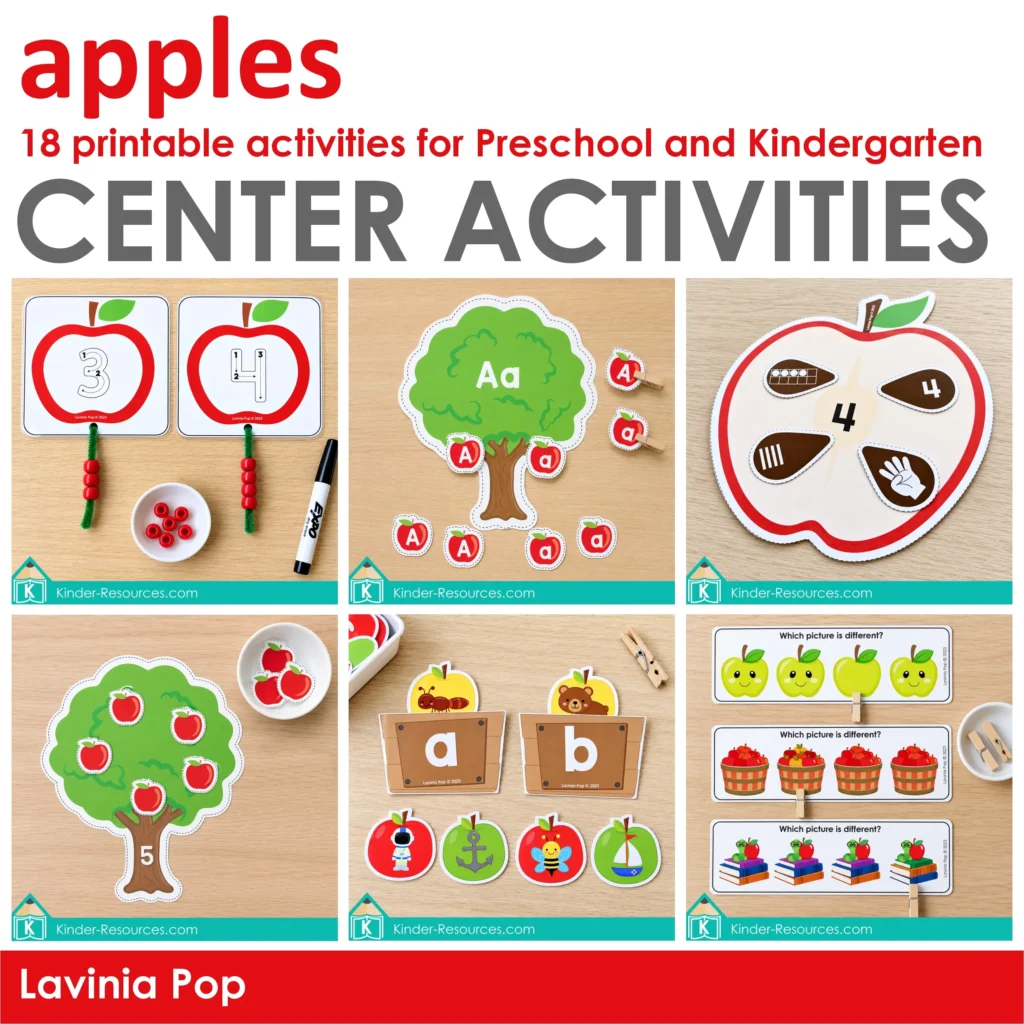 Apple centers for preschool cover featuring 18 printable activities, with photos of number tracing, letter matching, counting, and beginning sounds.
