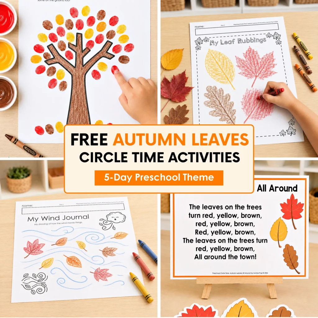 Free autumn leaves preschool activities cover featuring finger painting, leaf rubbings, a wind journal and a printable circle time song with leaf props.