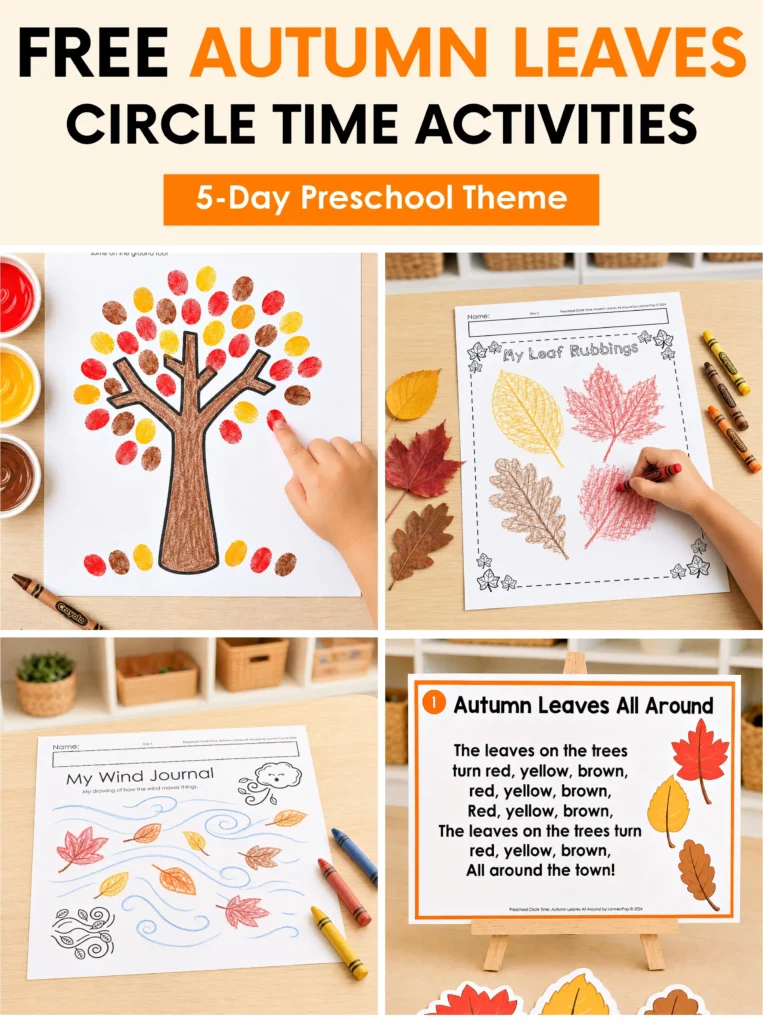 Free autumn leaves preschool activities cover featuring finger painting, leaf rubbings, a wind journal and a printable circle time song with leaf props.