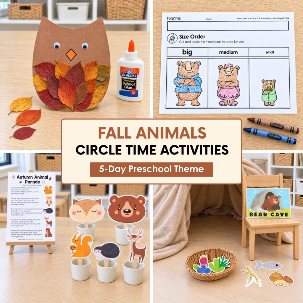 Fall animals preschool collage featuring an owl leaf craft, bear size ordering worksheet, animal song and puppets, and a blanket cave dramatic play activity.