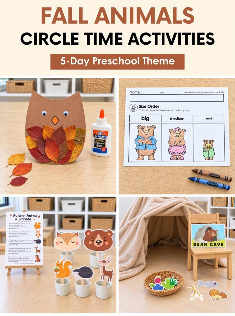 Portrait collage for a five-day preschool fall animals theme, showing an owl craft, bear size worksheet, circle time song puppets and bear cave play.