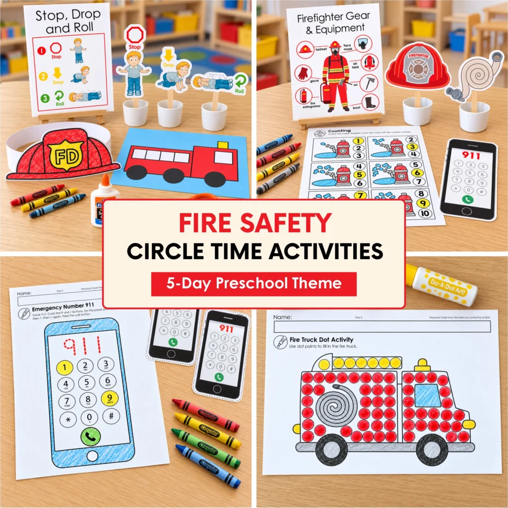 Fire safety circle time activities for a five-day preschool theme, with safety posters, firefighter crafts, 911 practice phones, counting, and fire truck dot painting.