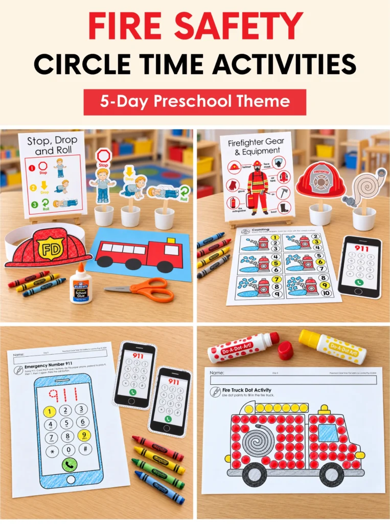 Crafts for Preschool Five-day preschool fire safety circle time collage featuring Stop, Drop, and Roll props, firefighter equipment, helmet and shape truck crafts, 911 practice, counting, and dot painting.