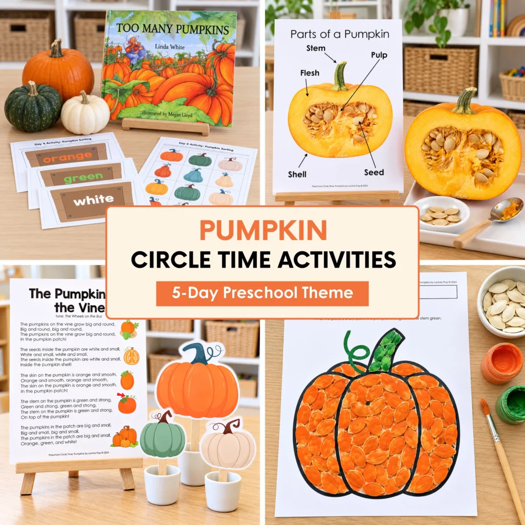 Pumpkin circle time activities for preschool featuring color sorting, a pumpkin investigation, song props, and seed art in a five day theme.