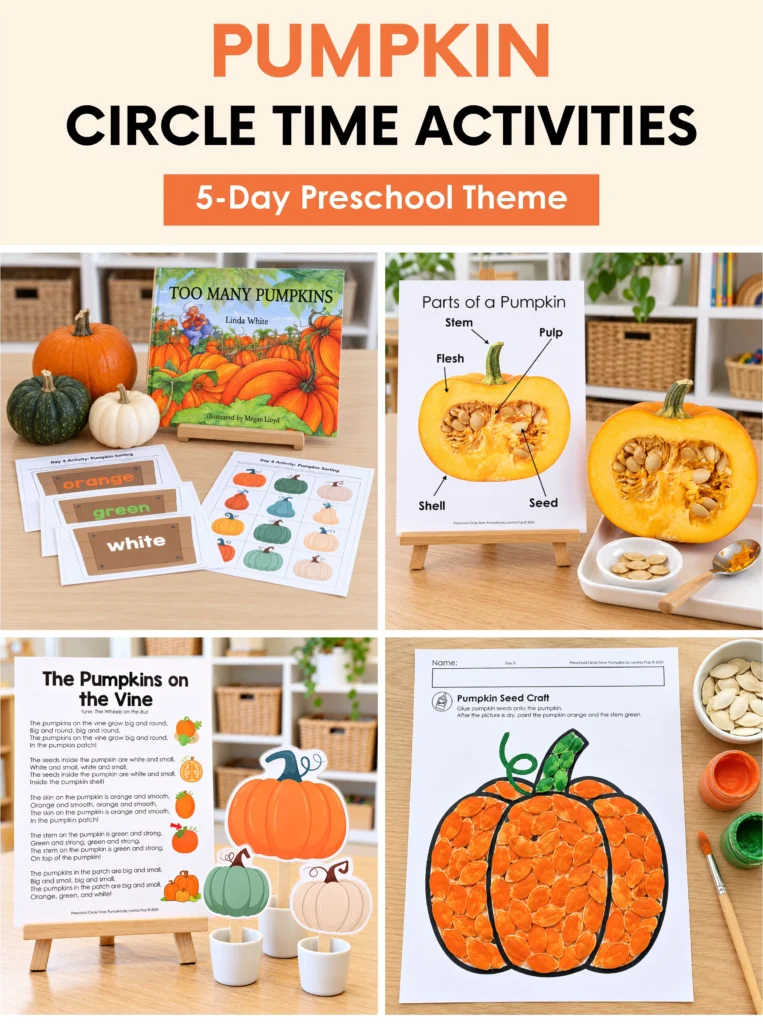 Pumpkin circle time activities for preschool featuring color sorting, a pumpkin investigation, song props, and seed art in a five day theme.