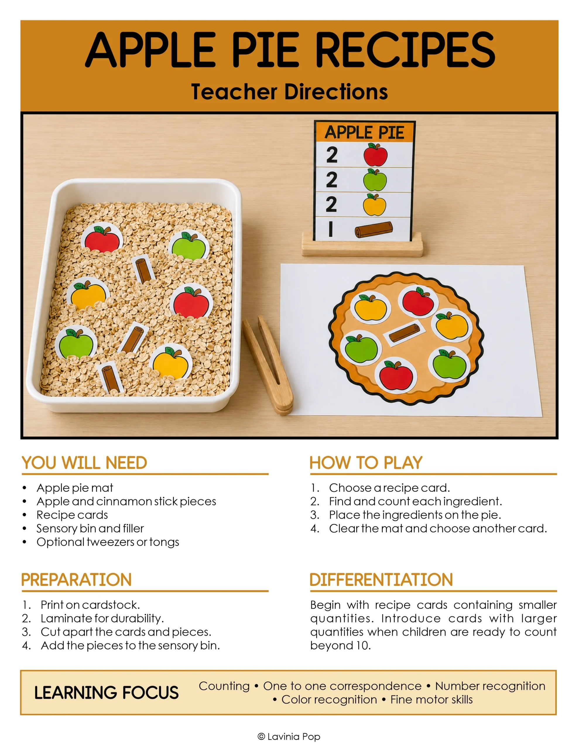 Teacher directions for an apple pie sensory bin with recipe cards, apple pieces, oats, wooden tongs, and an apple pie mat.