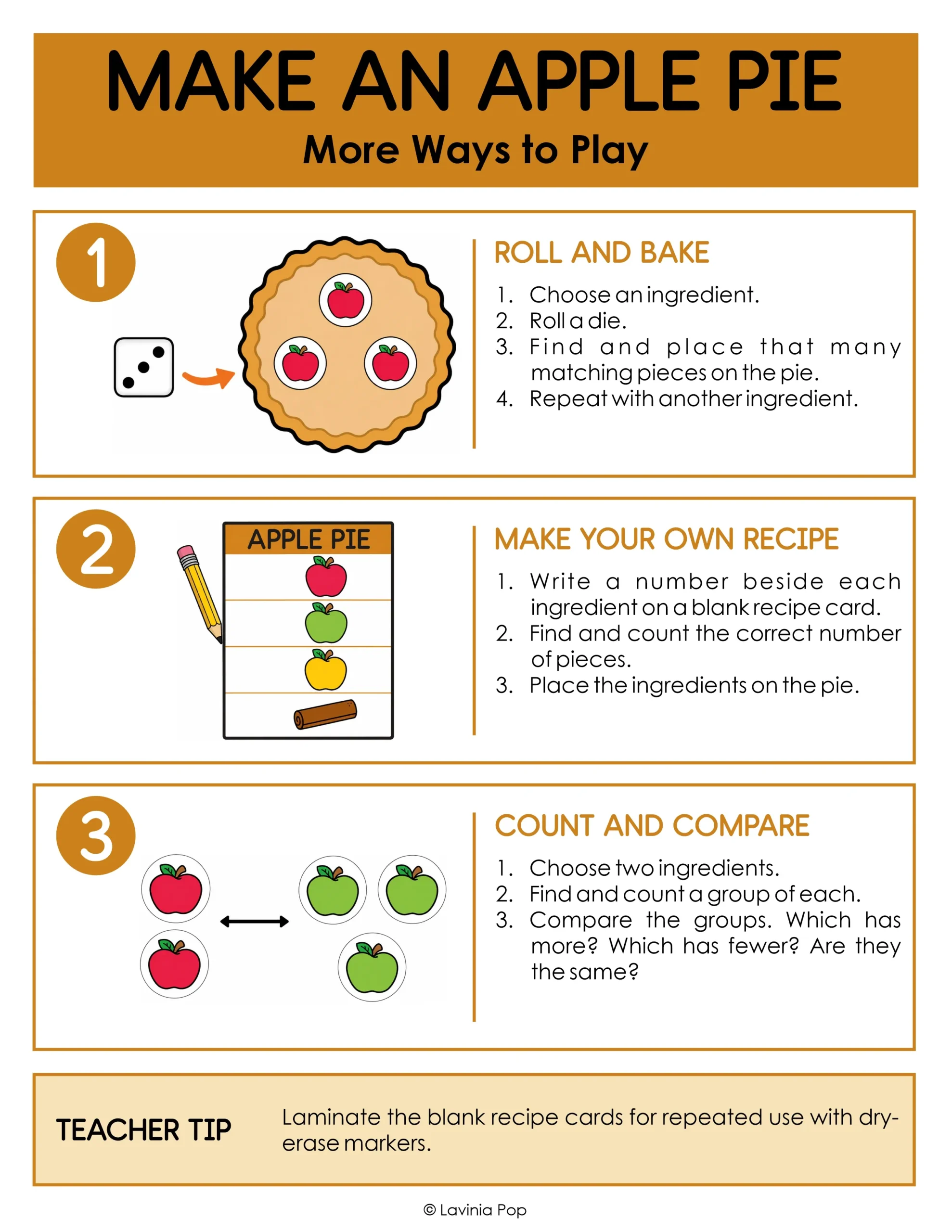 Apple pie sensory bin extension activities for rolling a die, creating recipes, counting ingredients, and comparing quantities.