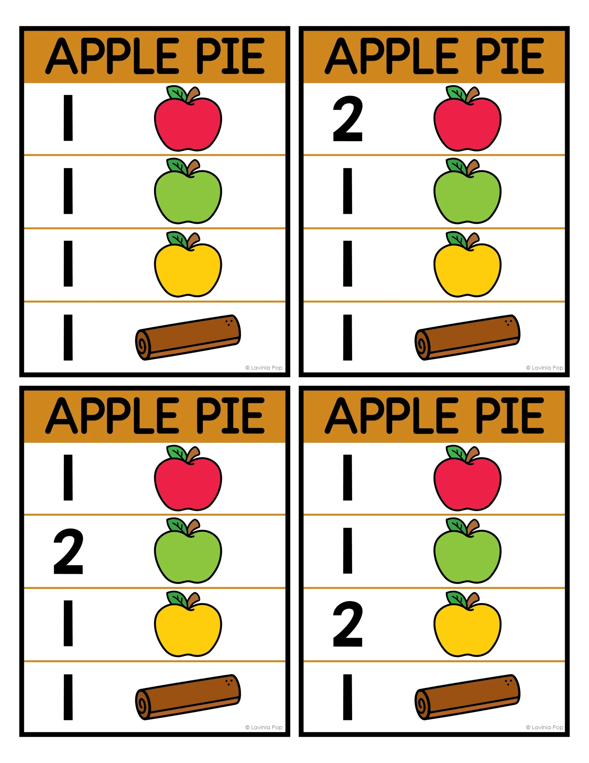 Four apple pie recipe cards showing quantities of red, green, and yellow apples with cinnamon sticks for a preschool counting activity.