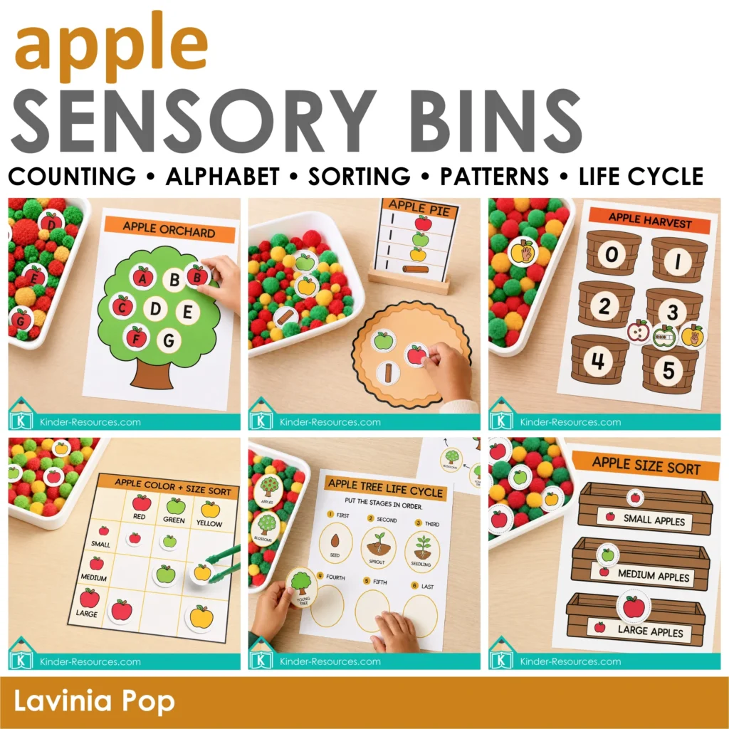 Exploring apple sensory bin activities by Lavinia Pop. Includes: counting recipes, alphabet matching, number sense, sorting, patterns, and the apple tree life cycle.