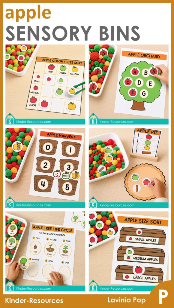Exploring apple sensory bin activities by Lavinia Pop. Includes: counting recipes, alphabet matching, number sense, sorting, patterns, and the apple tree life cycle.