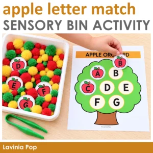 Apple Orchard Letter Match Sensory Bin Activity cover showing a child matching red letter apples to a tree beside a pom pom bin.