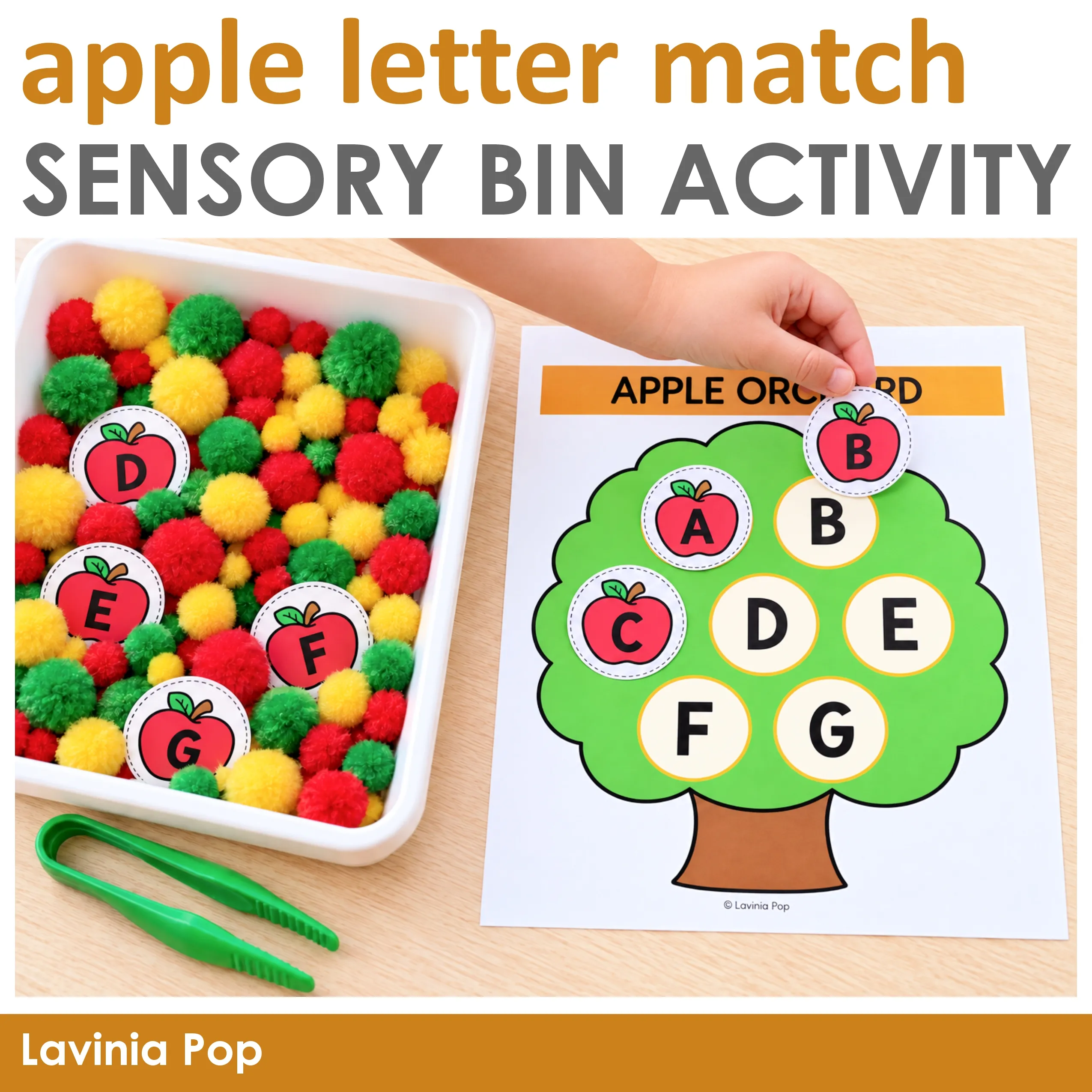 Apple Orchard Letter Match Sensory Bin Activity cover showing a child matching red letter apples to a tree beside a pom pom bin.