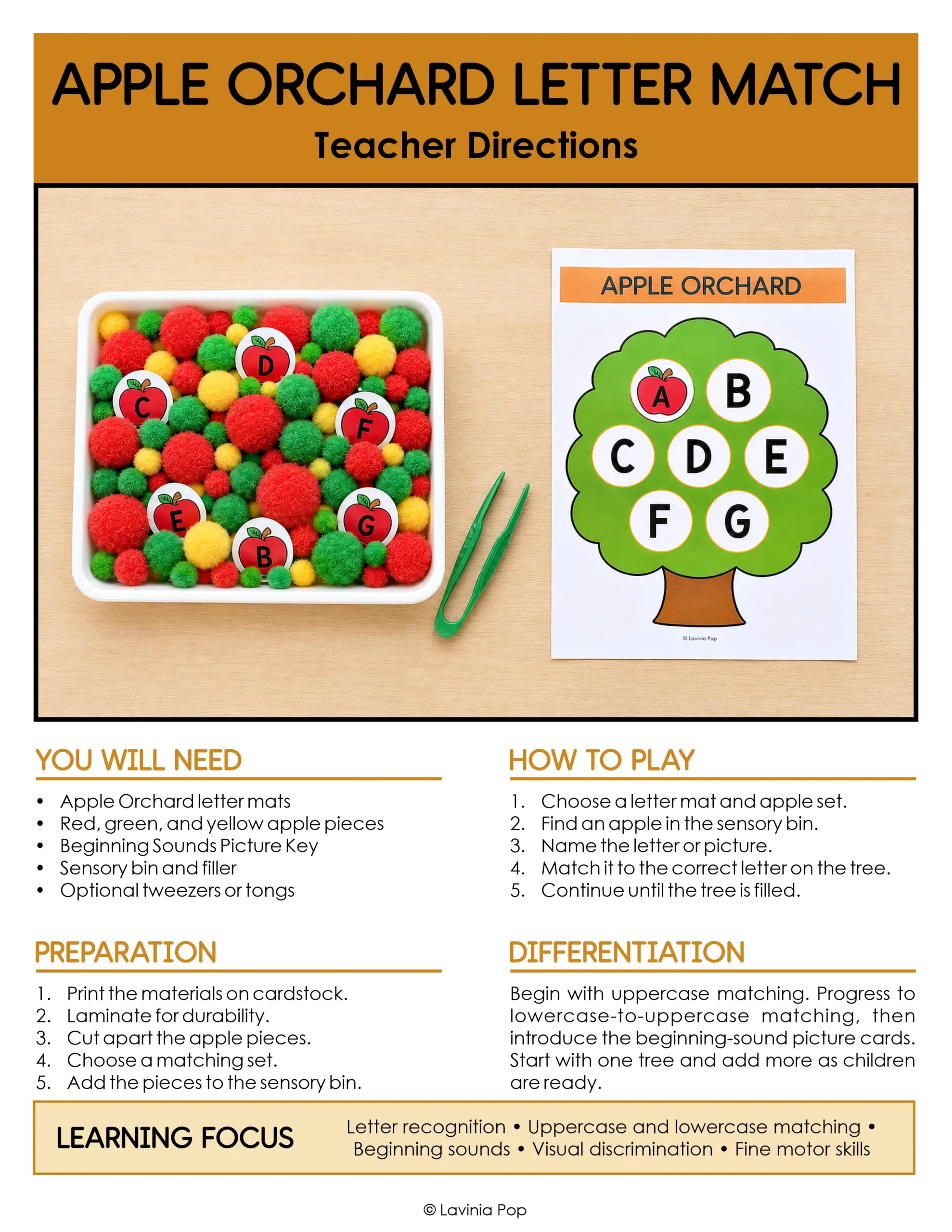 Apple Orchard Letter Match Sensory Bin Activity teacher directions with materials, preparation, play instructions, and differentiation.