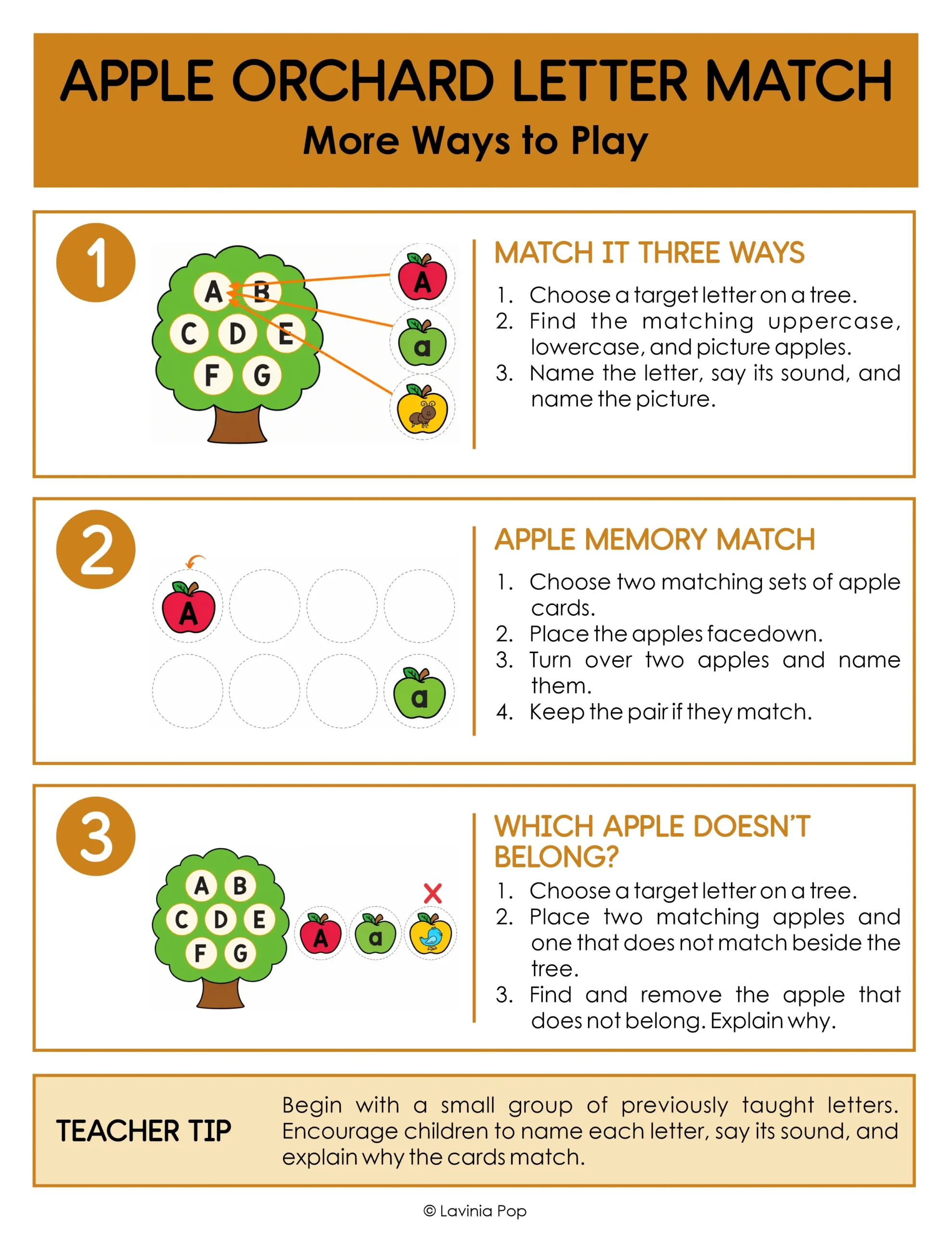 Apple Orchard Letter Match Sensory Bin Activity extension guide with three way matching, apple memory, and an odd one out game.