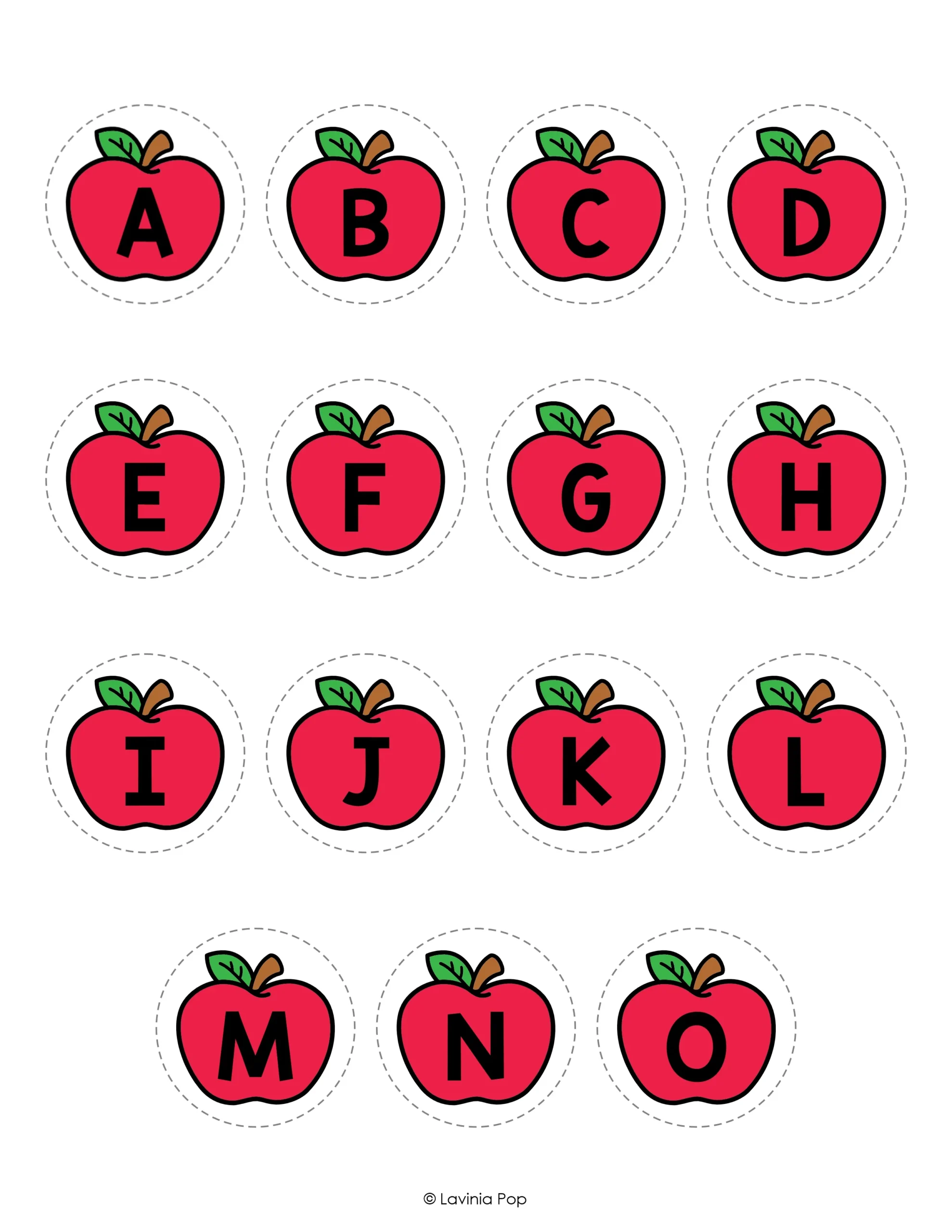 Apple Orchard Letter Match Sensory Bin Activity red apple pieces with uppercase letters A through O and circular cutting guides.