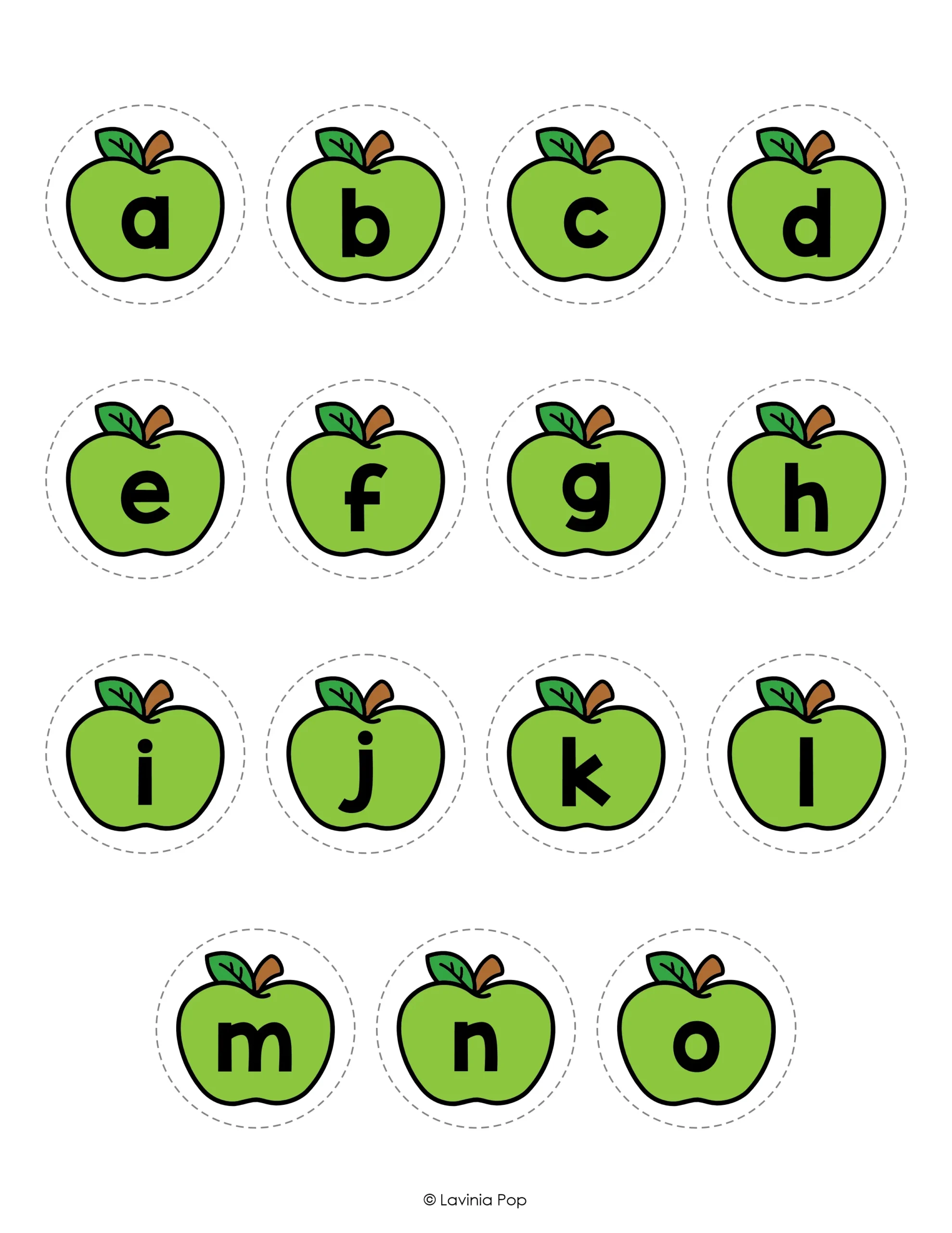 Apple Orchard Letter Match Sensory Bin Activity green apple pieces with lowercase letters a through o and circular cutting guides.