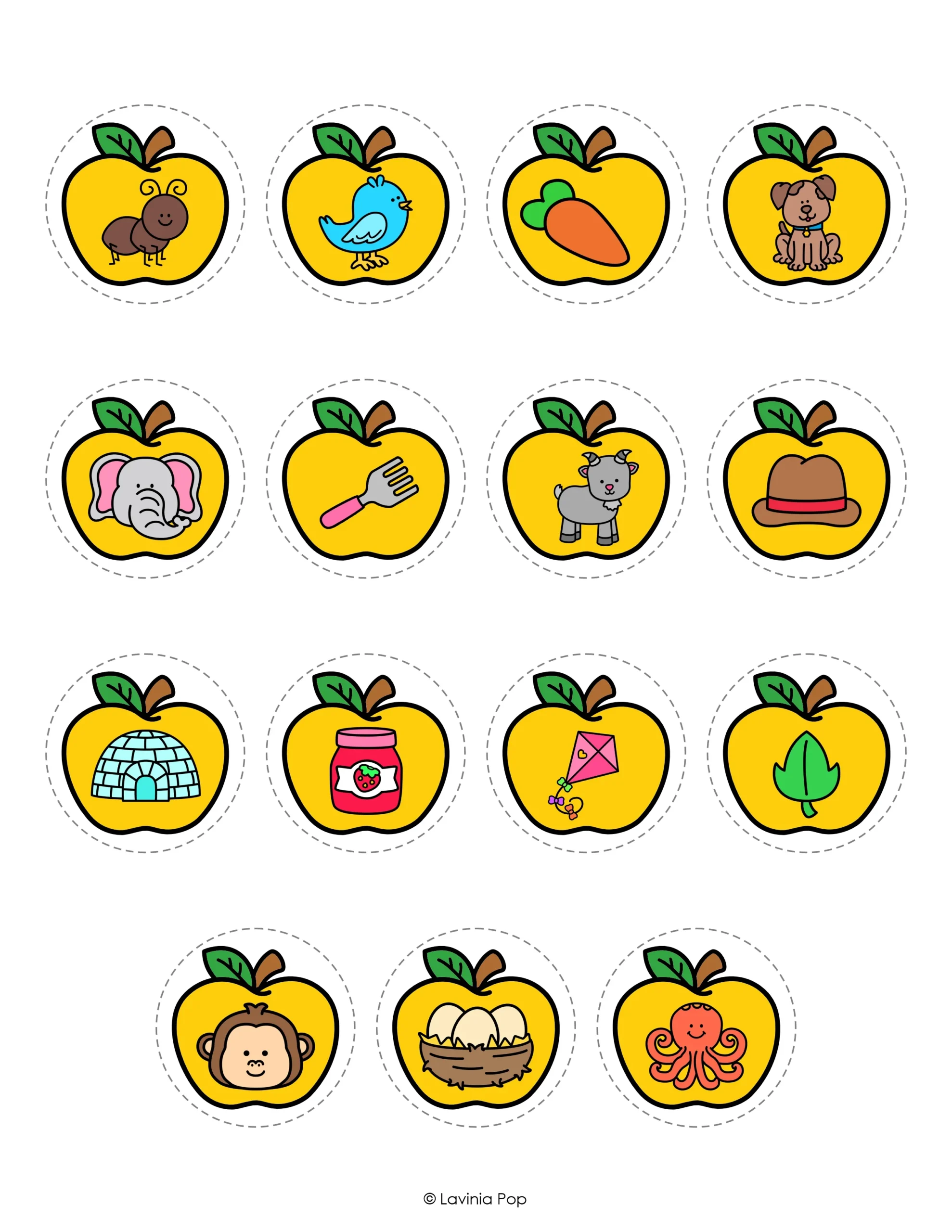 Apple Orchard Letter Match Sensory Bin Activity yellow picture apples representing letters A through O, with circular cutting guides.