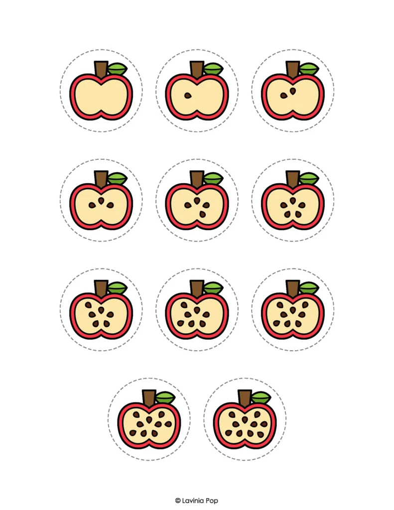 Printable apple seed counting cards for apple sensory bins for preschool, showing quantities from 0 to 10 inside red apples.