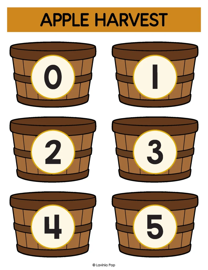 Printable Apple Harvest mat for apple sensory bins for preschool, with six illustrated baskets numbered 0 to 5.