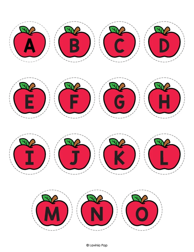 Printable red apple cards for apple sensory bins for preschool, with uppercase letters A to O and circular cutting guides.