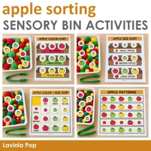 Apple sorting activities cover showing color sorting, size sorting, a color and size grid, and patterns beside sensory bins.