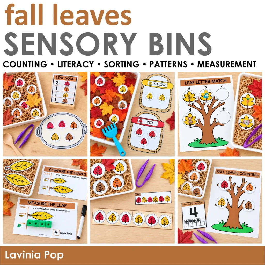Fall leaves sensory bins for preschool in a square collage of six activities covering leaf soup, sorting, beginning sounds, measurement, patterns, and counting.