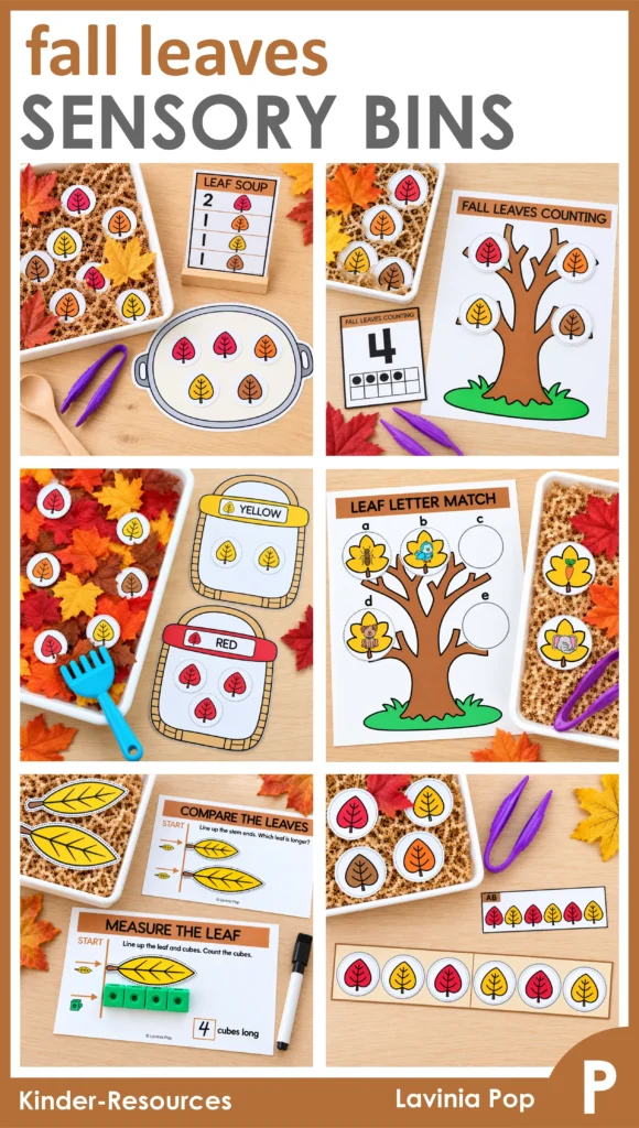 Fall leaves sensory bins for preschool in a tall collage showing leaf soup, counting, color sorting, beginning sounds, measurement, and patterns.