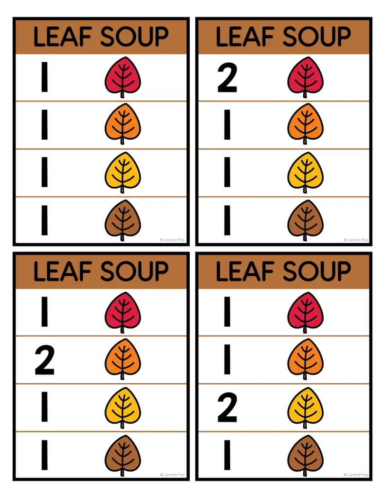 Four leaf soup recipe cards for fall leaves sensory bins, showing quantities beside red, orange, yellow, and brown leaves.